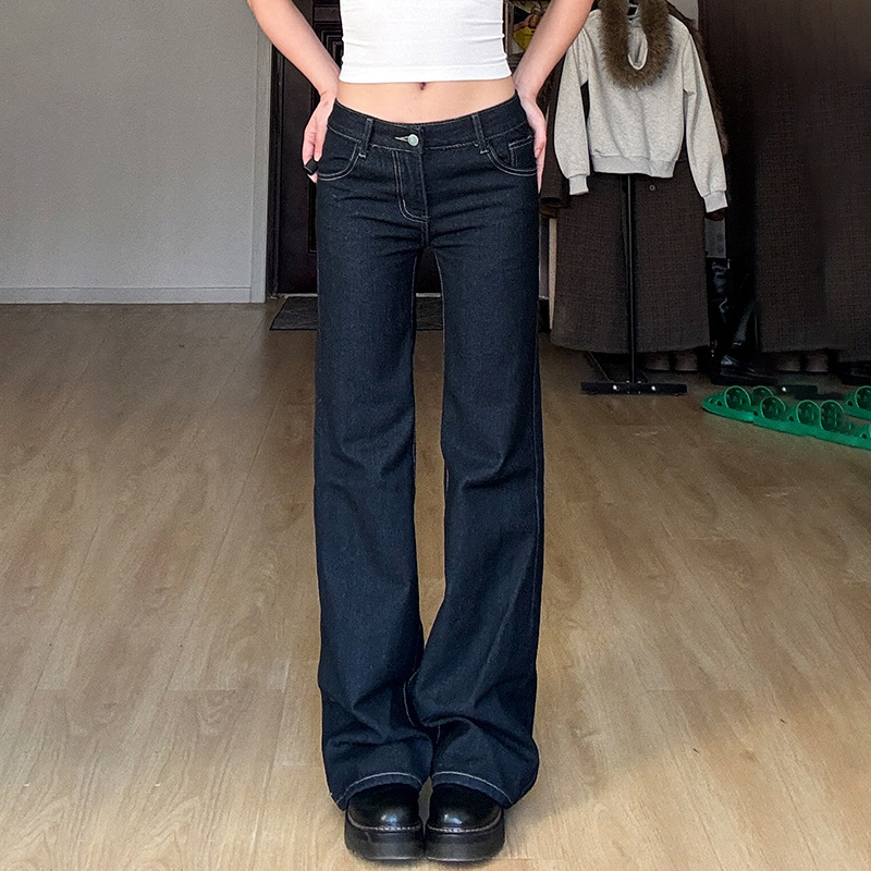 Casual Retro Style Letter Embroidered Distressed Low-Waist Slim Fit Bootcut Jeans with Elegant and Versatile Work Clothing Pants