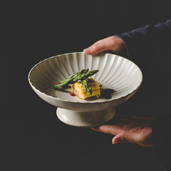 日式高腳深盤粗陶餐具手工景德鎮盤子創意湯盤復古托盤果盤食器