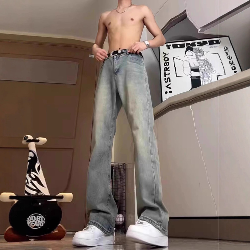 Retro Blue High-Waisted Jeans for Men, American High Street Vibe Style Design Pants, Tall Straight-Leg Pants
