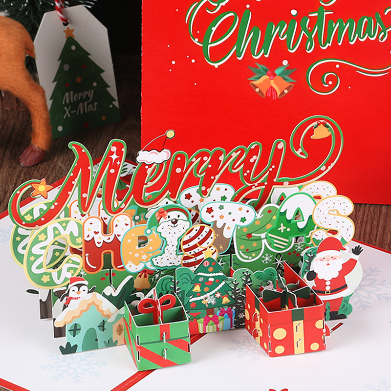 国境を越えた新しいクリスマスの立体グリーティングカードクリスマスツリーのペンギン漫画かわいい紙彫刻手書きメッセージカード|undefined