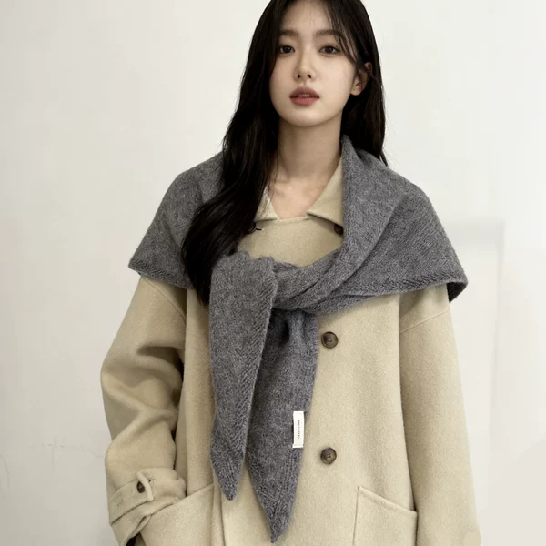 100% Wool Cashmere Autumn and Winter New Solid Color Knitted Knotted Large Triangle Shawl Scarf for Women, Large Shawl in Gray