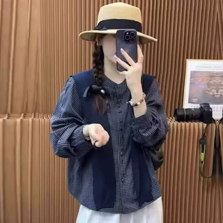 批发韩系时尚减龄披肩长袖格子衬衫女秋新款叠穿衬衣开衫通勤上衣