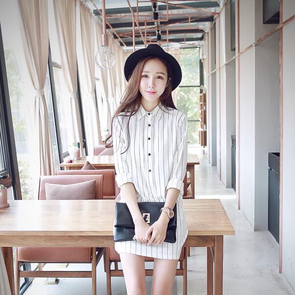 20252025新款韩版女装长袖竖条纹时尚修身衬衫裙连衣裙