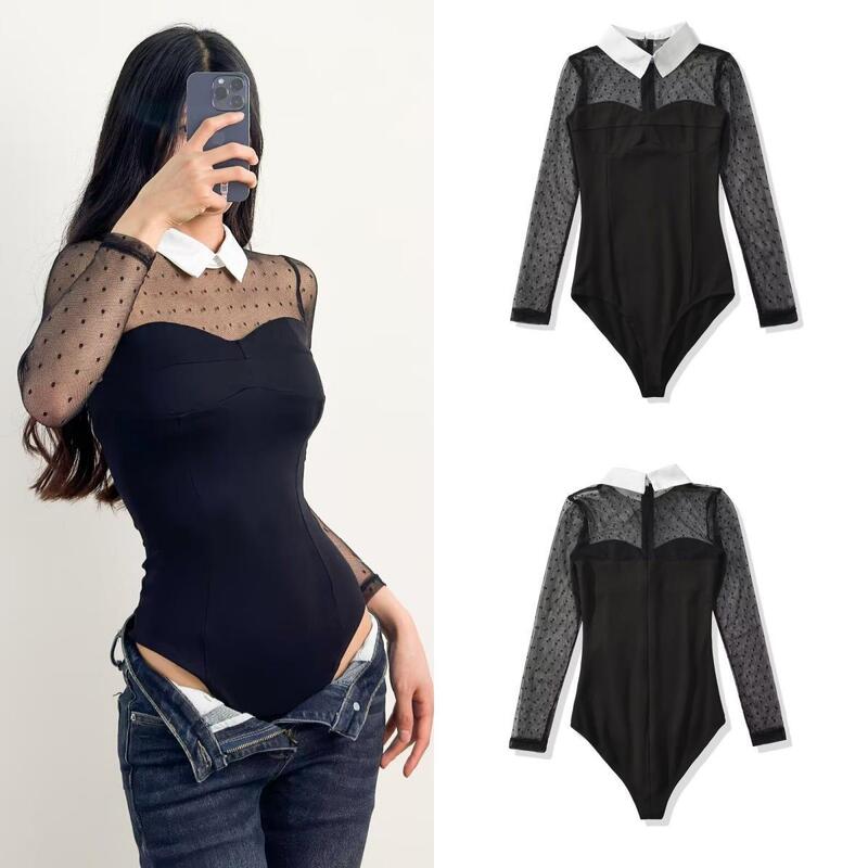 Shirt Tops, Sexy Slim-Fit Bodysuits for Women, Cross-Border Polka Dot Slimming Collared Mesh Patchwork Foreign Trade Women's Clothing Shirt Tops, Sexy Slim-Fit Bodysuits for Women, Cross-Border Polka Dot Slimming Collared Mesh Patchwork Foreign Trade Women's Clothing