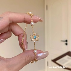 中古金色闪钻小雏菊珍珠手链轻奢高级感微镶锆石叠戴手饰