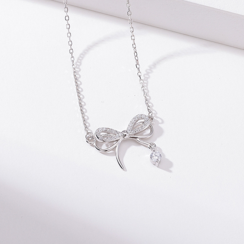 Simple Style Bow Knot Sterling Silver Pendant Necklace Inlay Zircon 925 Silver Necklaces