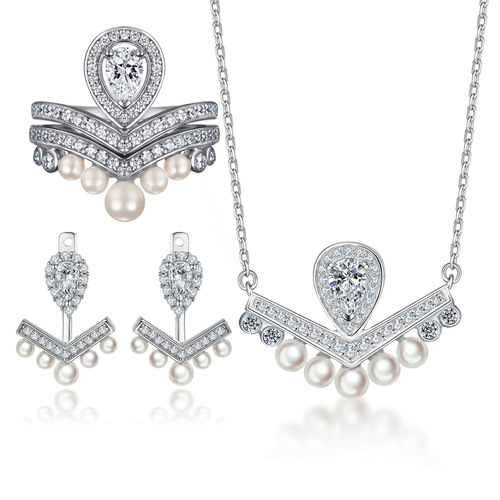 Pure Silver Jewelry Set for Women High-end European and American 925 Silver Crown Ring Tassel Pearl Earrings Light Luxury V-Shape Necklace 