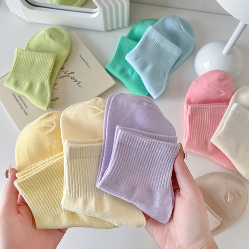 White socks women's mid-calf cotton socks ins trendy summer thin solid color Japanese candy-colored socks women's summer cream