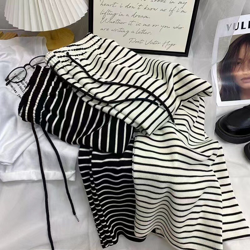 Black and White Striped Casual Pants for Women 2026 Spring/Summer High-Waisted Straight-Leg Towel Pants Loose Drape Wide-Leg Floor-Length Pants