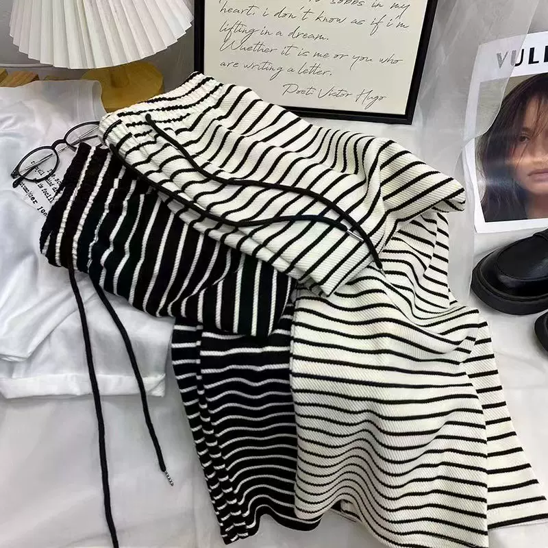 黑白条纹休闲裤女2025春夏高腰直筒毛巾裤宽松垂感阔腿裤拖地长裤