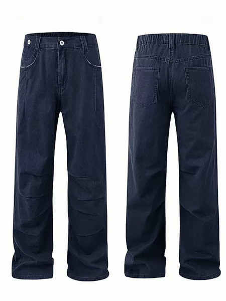 French Work-Style Blue Pleated Straight-Leg Jeans for Men, American High Street Style, Cleanfit Loose Wide-Leg Pants