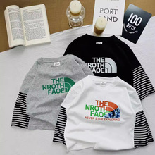 2024新品童装男童女童假2件英文印花上衣宝宝长袖纯棉T恤儿童棉T