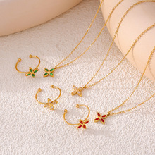 欧美小众四瓣花镶锆石吊坠锁骨项链开口戒指钛钢镀18k真金套装女