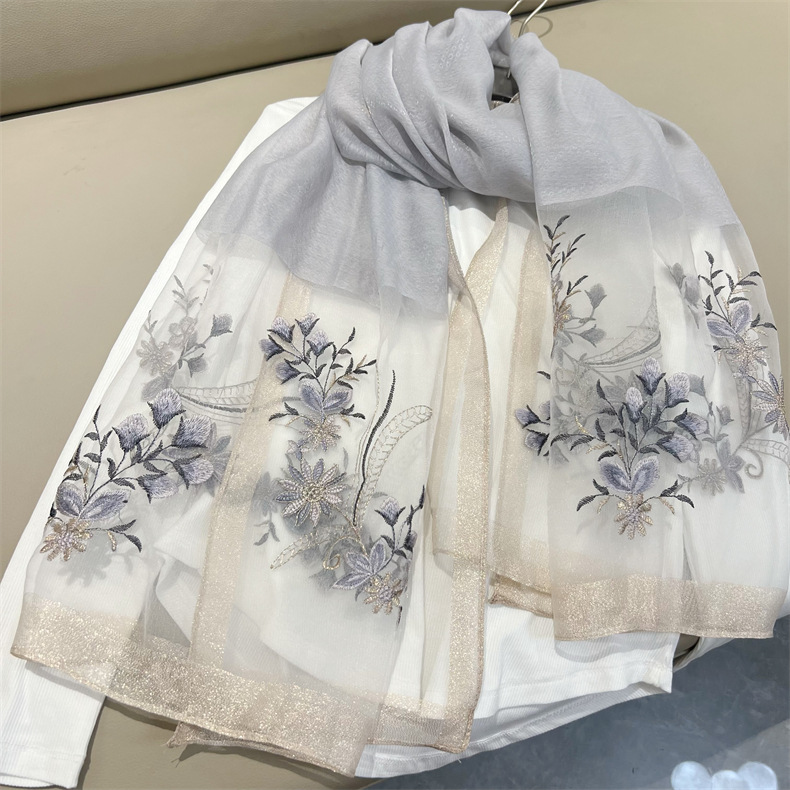 150g Weight Silk Scarf Classification Travel Occasion Polyester Material Flower Pattern Spring, Autumn Season Women's Gender Embroidery Design Elegant Style Women's Elegant Flower Polyester Embroidery Silk Scarf 9