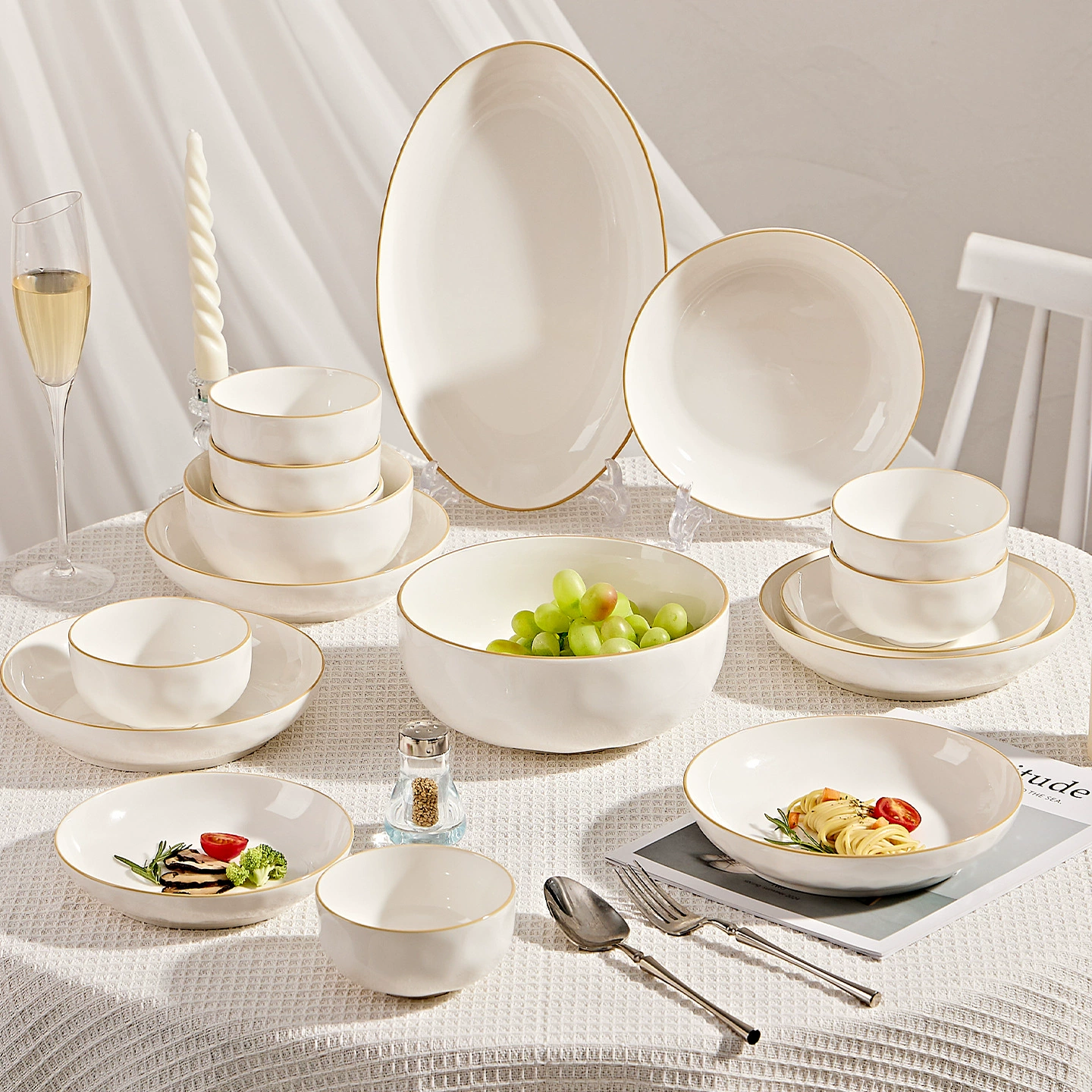 Ceramic tableware set (Anxin porcelain), pure white, underglaze finish, multi‑piece dinnerware
