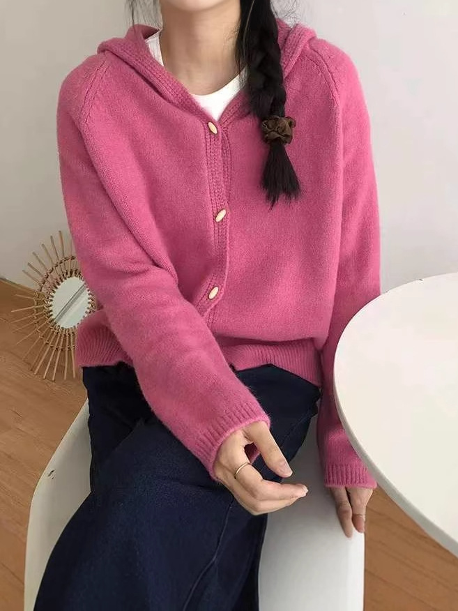24 invierno Puyuan real disparar retro sombrero de color sólido perezoso viento de punto chaqueta de manga larga mujer simple