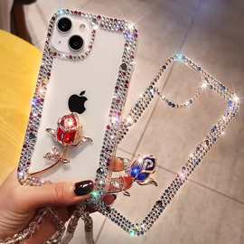 玫瑰花苹果17promax手机壳镶钻iphone16保护套15高级适用14带挂绳