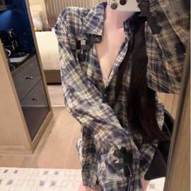 十字架拼皮满天星烫钻格子衬衫女夏季小众炒色复古薄款设计感衬衣