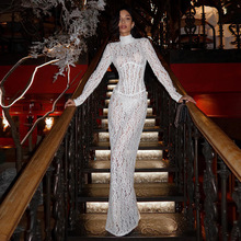 2025秋季欧美外贸新款女装性感镂空蕾丝花纹透视修身长款连衣裙