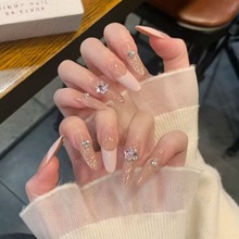 粉黛佳人粉色法式穿戴甲长款气质温柔显白可拆卸爆闪亮片美甲贴片