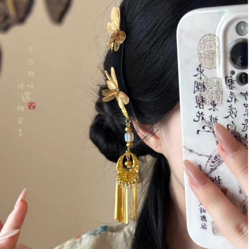 金色蝴蝶流苏发夹女新中式复古高级感夹子古风国风刘海侧边夹发饰|undefined