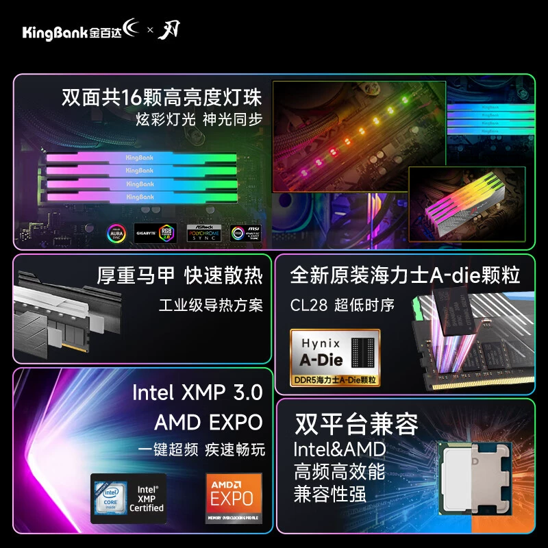 DDR5 RAM (KingBank) RGB Black‑Blade модули — варианты до 64GB, 6000–7200 MT/s