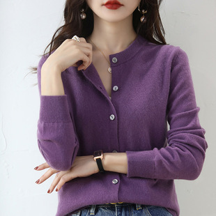 Spring and Summer New Round Neck Women's Knitted Long-Sleeved Sweater with Korean Style Coat Solid Color Cardigan