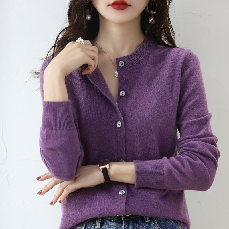 Spring and Summer New Round-Neck Cashmere Sweater for Women, Knitted Long-Sleeved Sweater, Korean-Style Coat, Pure Color Wool Cardigan Sn35