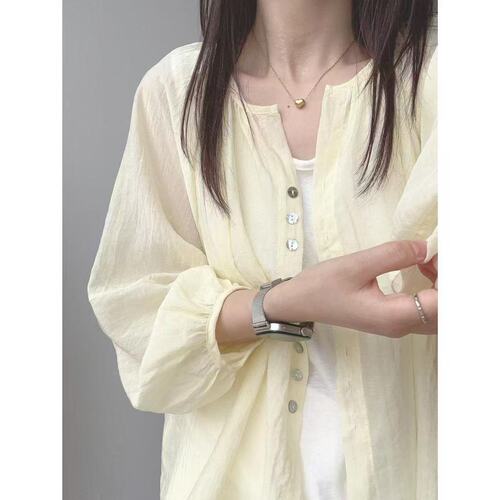 French-style gentle lilac silk-linen sun protection shirt for women, summer thin model, outerwear, loose bell sleeve blouses and coats