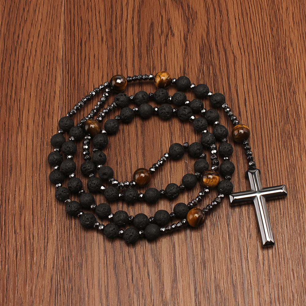 Chinoiserie Retro Ethnic Style Cross Natural Stone Beaded Men's Pendant Necklace display picture 2