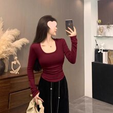 美式辣妹方领长袖T恤女打底衫春秋ins侧边抽褶修身显瘦正肩短上衣