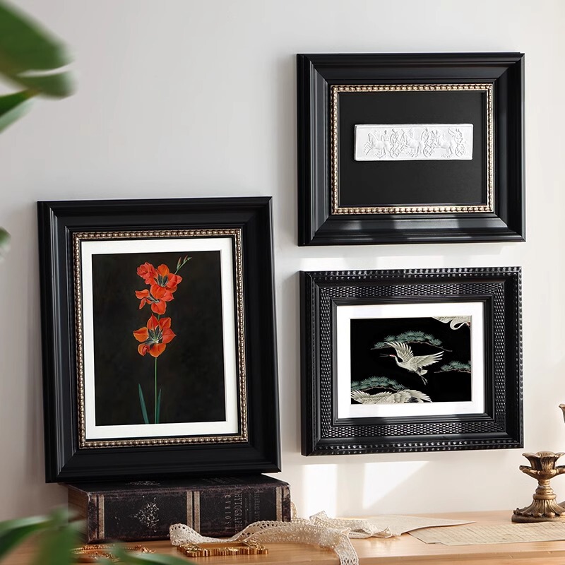 French retro black photo frame display frame cardboard a3A4 solid wood picture frame mounted wall high-level production