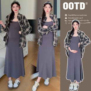 Real shot in stock 2024 early autumn new pregnant mother retro plaid long sleeve shirt + adjustable skirt two-piece set