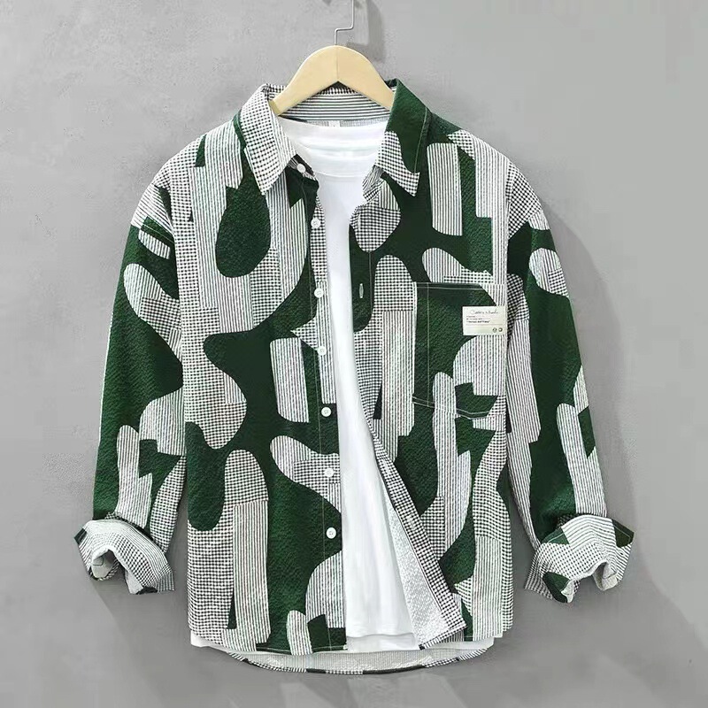 Young men's casual loose-fitting shirt, autumn stylish and trendy artistic printed long-sleeve shirt