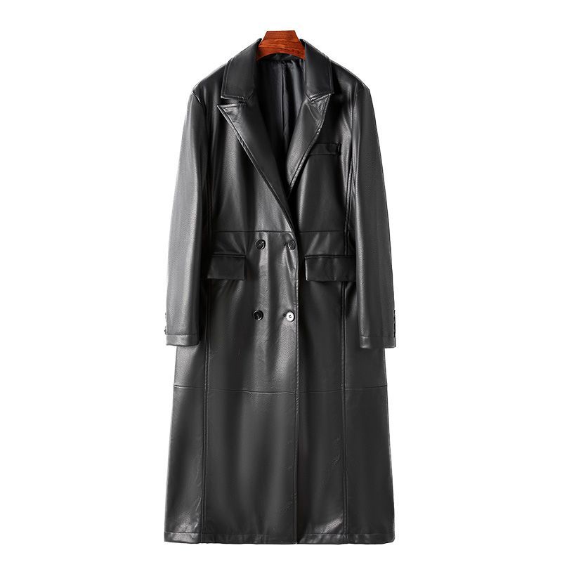 Long Over-the-knee PU Leather Suit Style Windbreaker Jacket Image 5