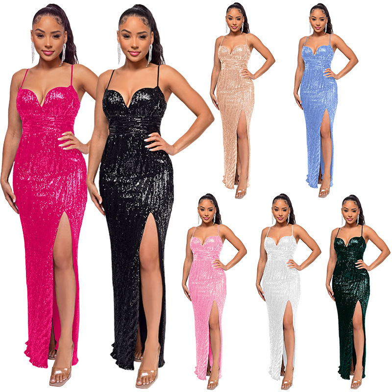 Cross-Border Summer New Sequin Suspender Dress Independent Station Slit Banquet Sexy Prom Evening Dress