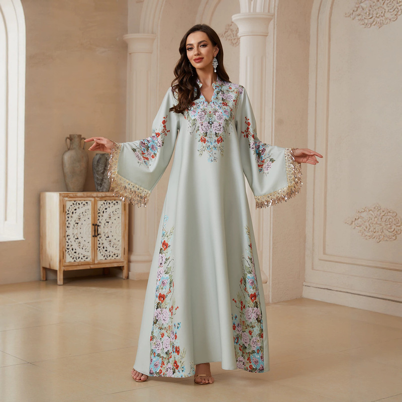 SW2615 Cross-border dress for women, V-neck, printed, fringed, elegant robe, Malaysian clothing