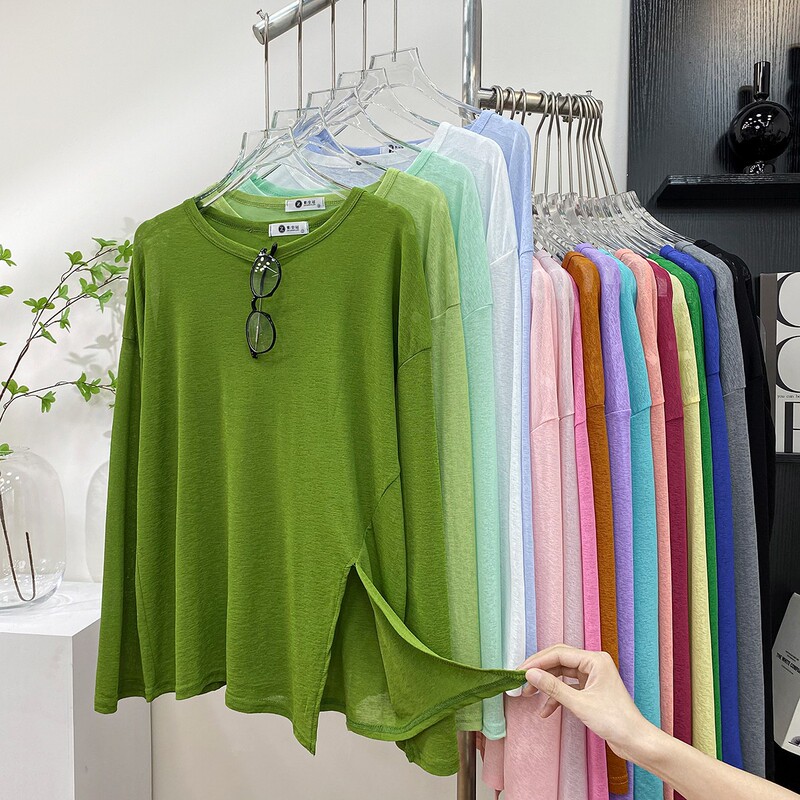 Side-Slit Ice Silk Linen Long-Sleeve Sun Protection T-Shirt for Women, Summer Thin Outerwear, Loose Air Conditioning Cover-Up Top, Upf50 High Sun Protection
