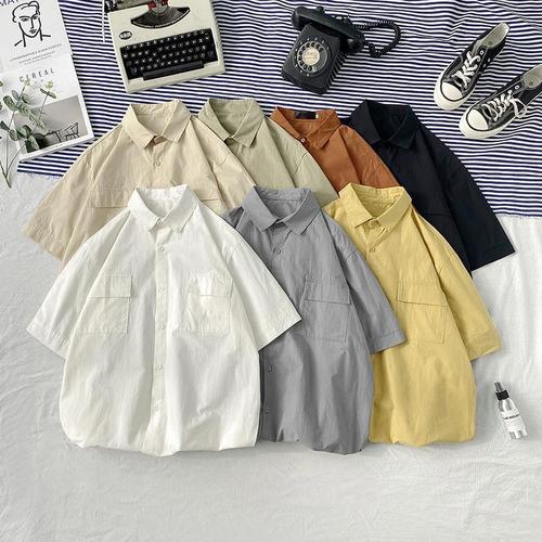 Summer Color Short Sleeve Shirt Men Loose Japanese Style Workwear Five-Button Up Shirt Hong Kong Style White Trendy Half-Sleeve Shirt