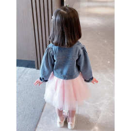 女童公主裙套装2024新款女小童纱纱裙卡通牛仔春装女宝宝洋气童装