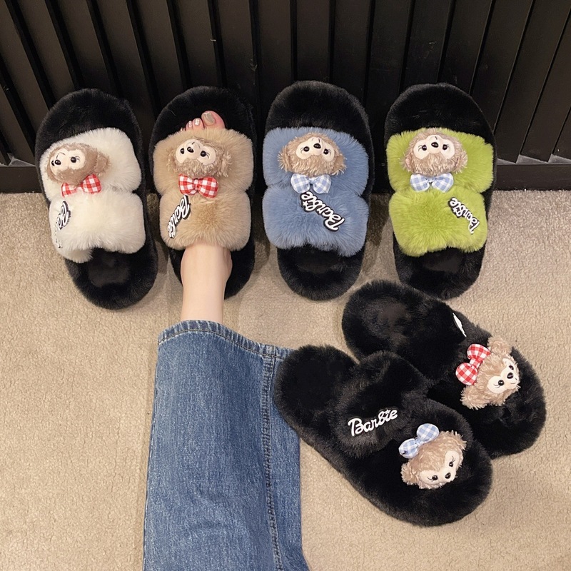 可爱达菲熊厚底毛毛鞋女士2025新款秋冬外穿增高保暖高级感棉拖鞋|undefined