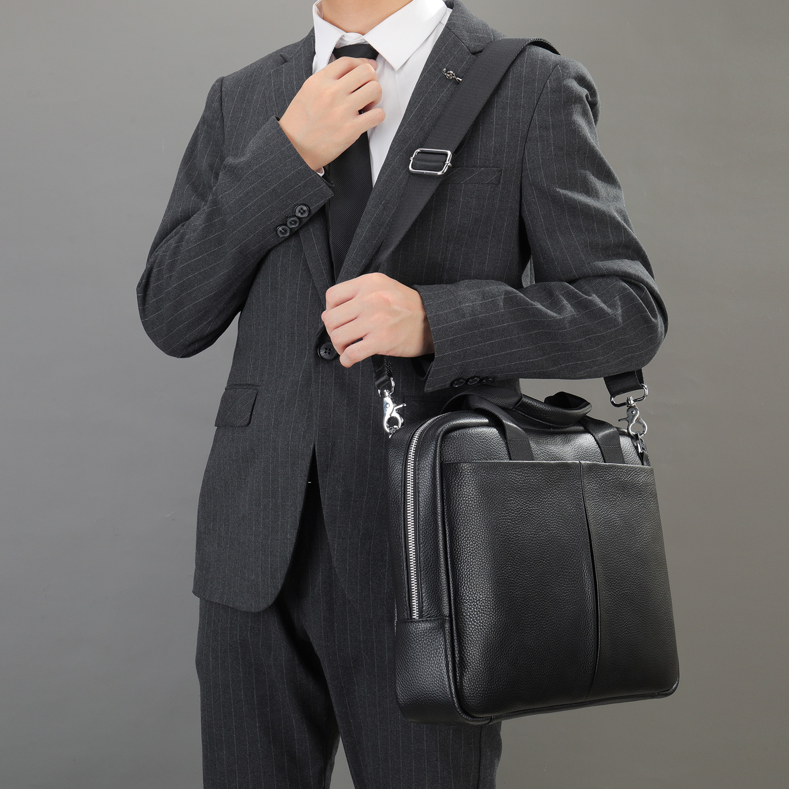Pasta executiva masculina em couro legítimo, grande capacidade, com camada superior em couro bovino, estilo horizontal, para laptop, ideal para advogados e profissionais._voghion.com