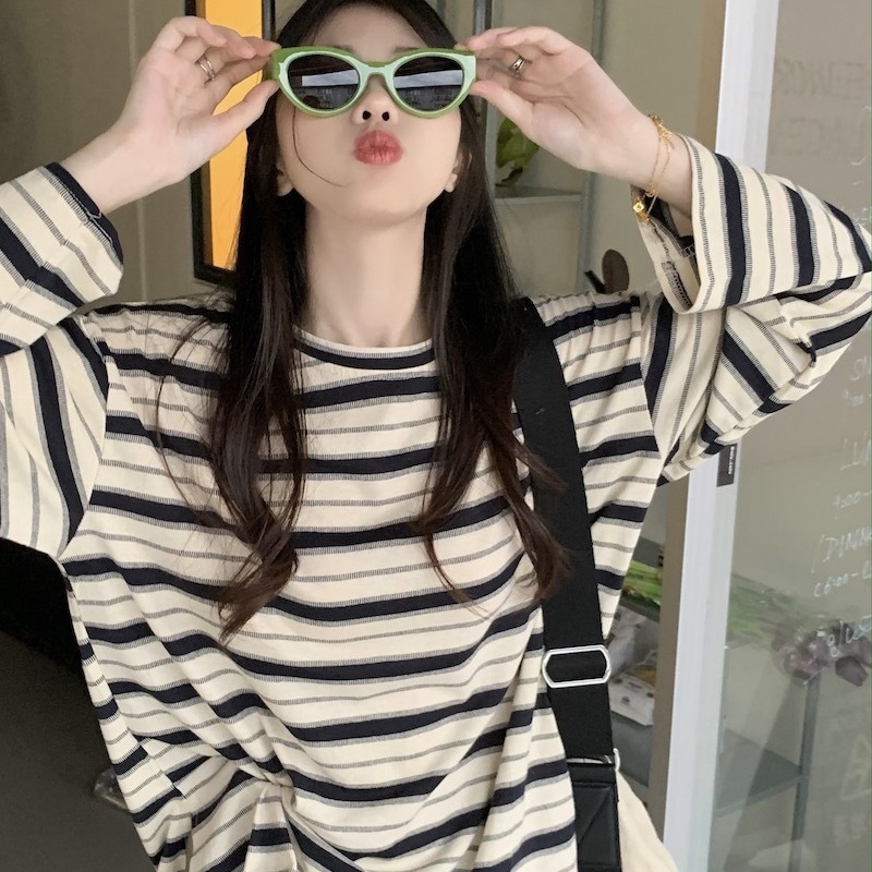 跨境2024早春新款条纹长袖上衣女ins设计显瘦圆领休闲百搭学生T恤