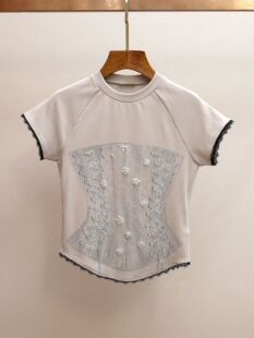 Elite spring small design lace short T-shirt, french style, trend of season, with short sleeve