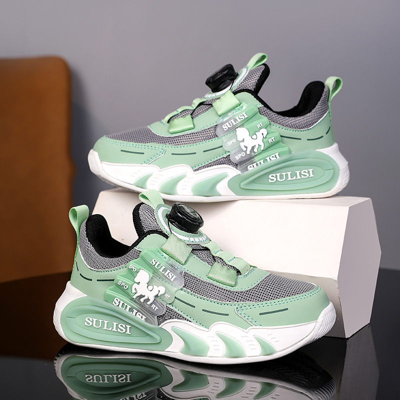 Zapatos giratorios con botones, malla, zapatos deportivos para niños de moda transpirables, 2025 nuevos zapatos para correr para niños, cabello lacio de fábrica