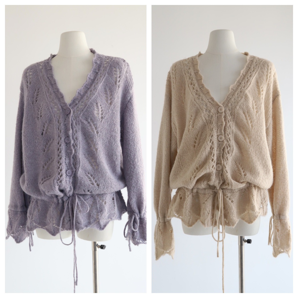 Gentle Crochet Cut Out Lace Sleeves Drawstring Lace-Up Waist Sweater Women's Autumn and Winter Long-Sleeved V-Neck Knitted Cardigan Jacket