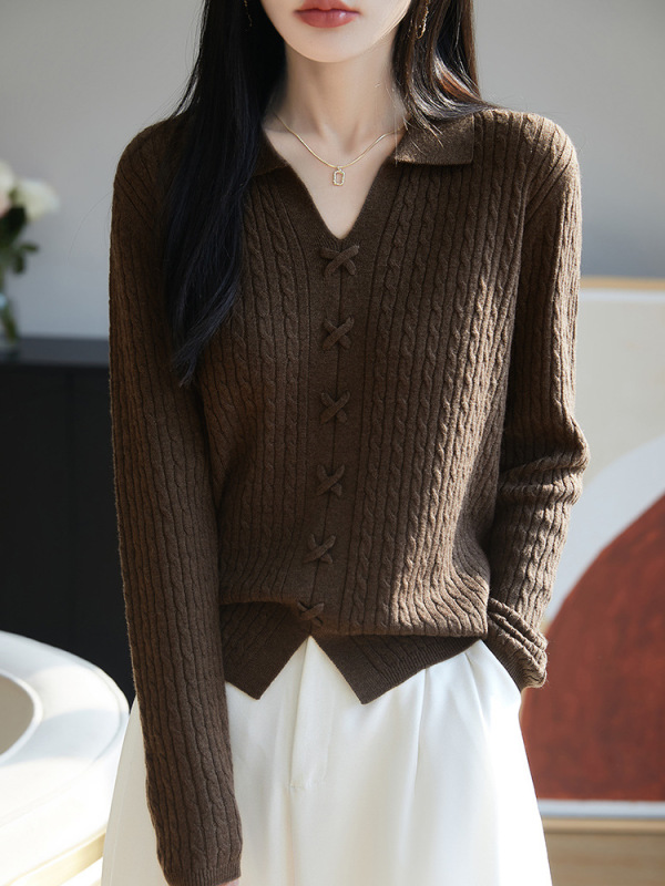 polo翻领针织衫长袖扭花复古毛衣女宽松显瘦内搭纯色上衣打底衫|undefined