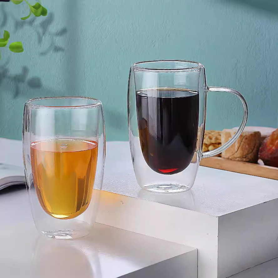 Taza de café de vidrio doble con asa, resistente al calor, diseño elegante para bebidas calientes o frías