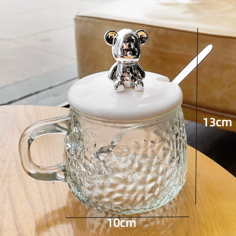 Ins стиль милый термостойкого стекла воды Кубок девушки высоко глядя медведь стеклянная чашка с крышкой ложкой офис завтрак Кубок