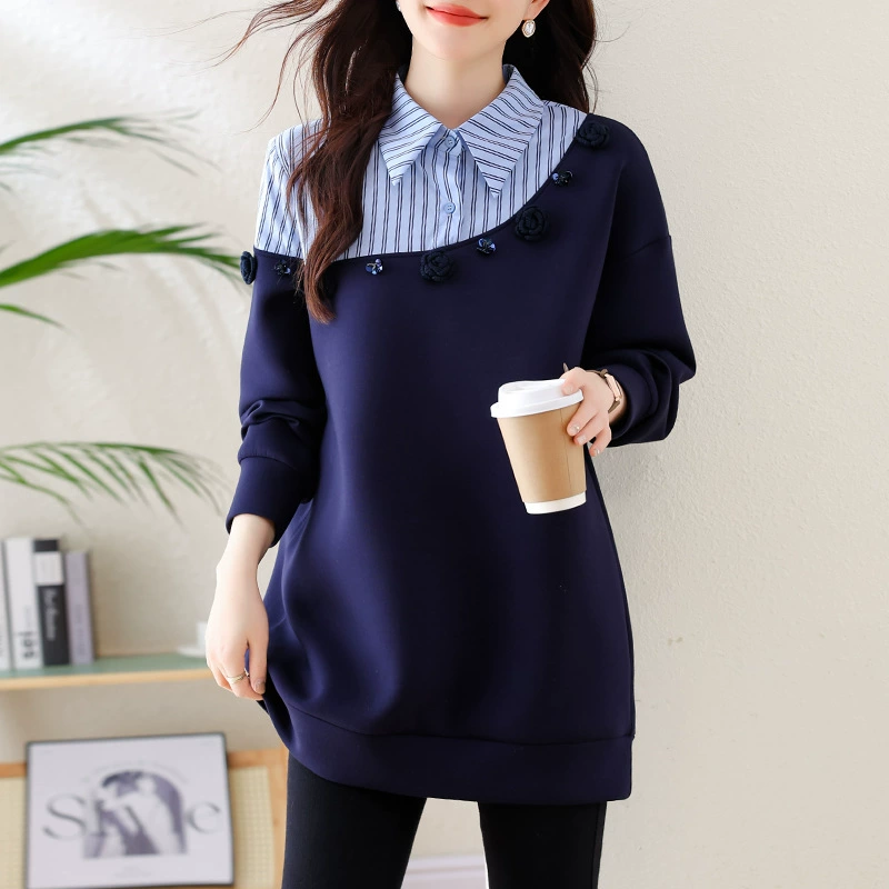 Поддельные два полосатых свитника с длинными рукавами 2024 осень и зима